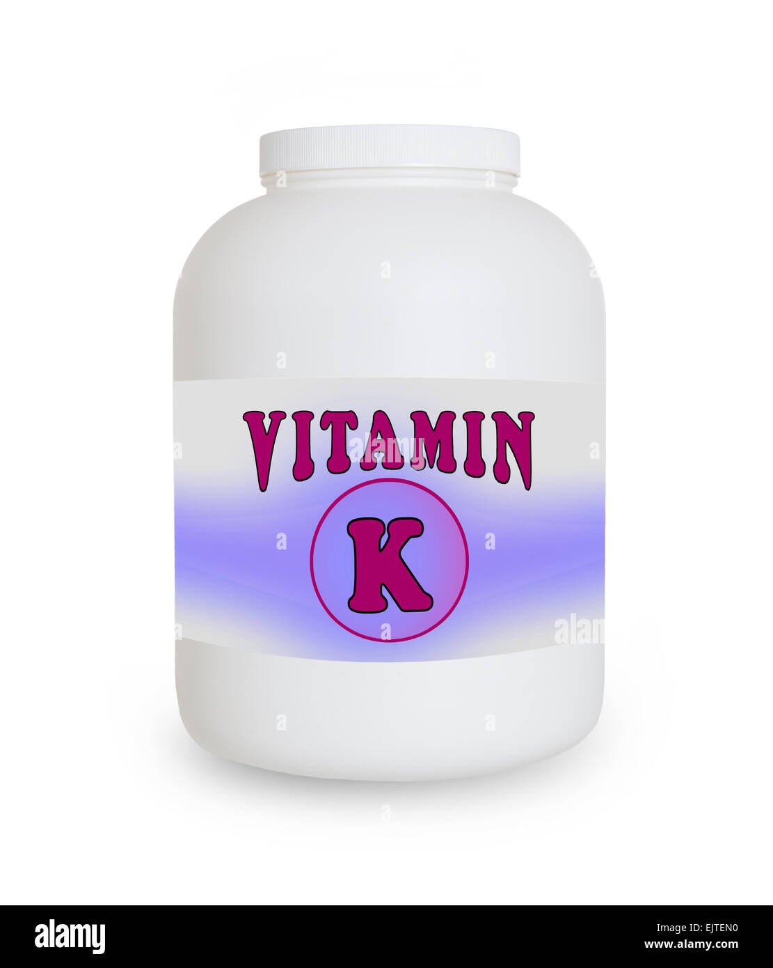 Contenant de la vitamine K, isolé sur fond blanc Banque D'Images