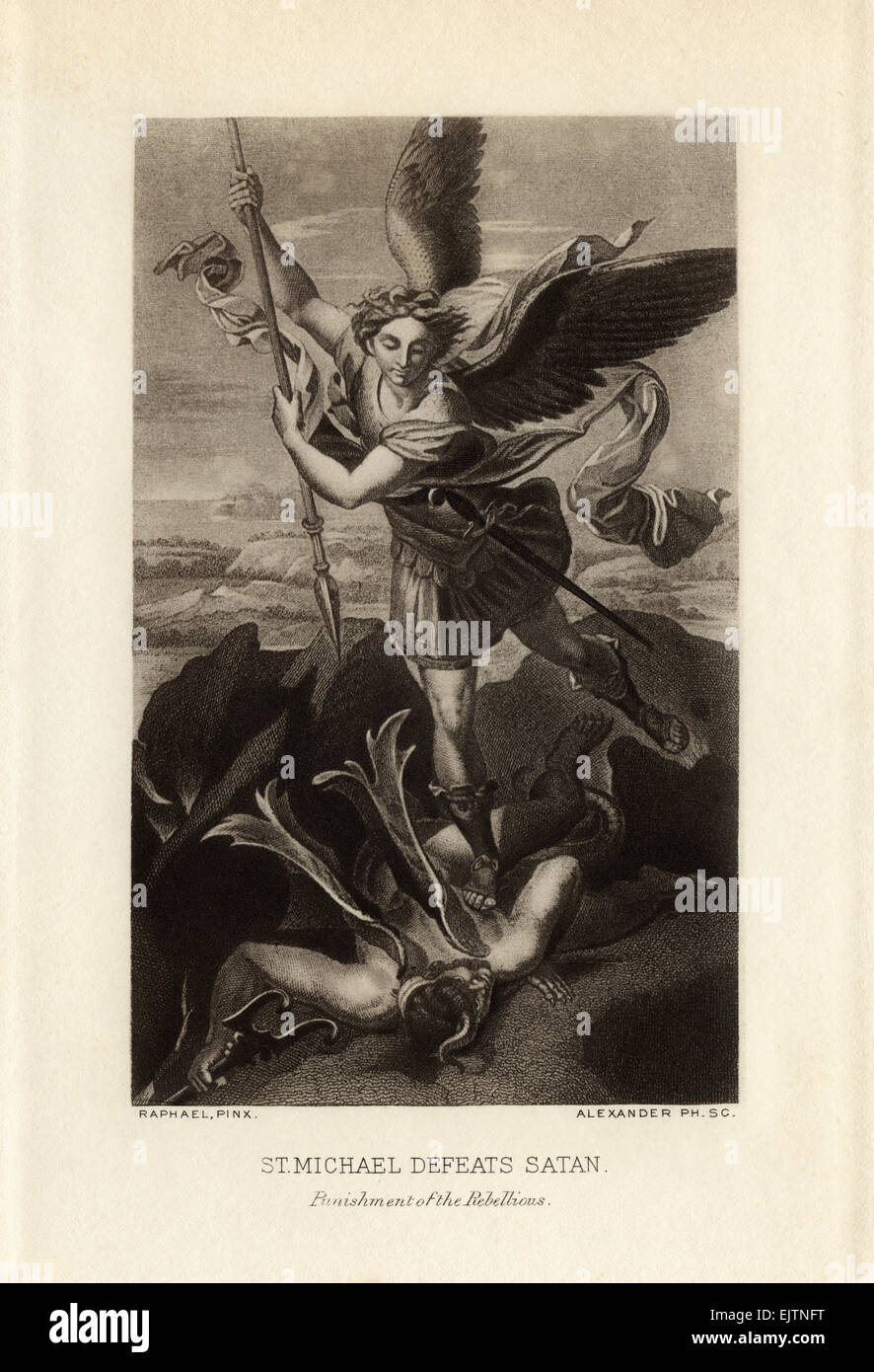 Photogravure D'après la peinture "Saint Michael bat Satan" par l'artiste italien de la renaissance Raphaël 1483-1520 Banque D'Images
