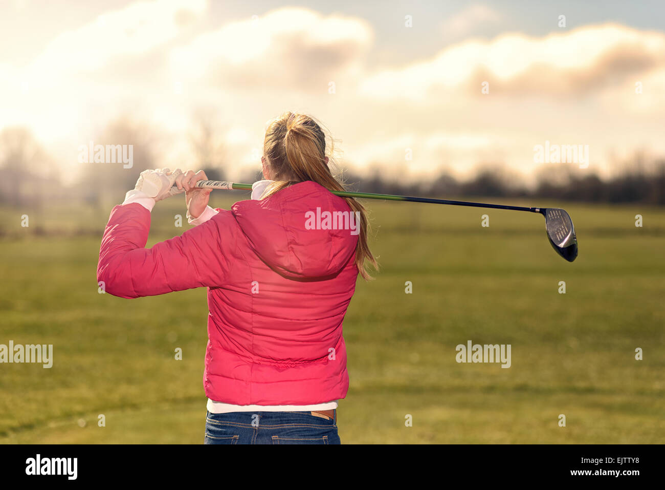 Golfeuse regardant sa route de la pièce en t après avoir fait un avc le fixer le fairway Banque D'Images