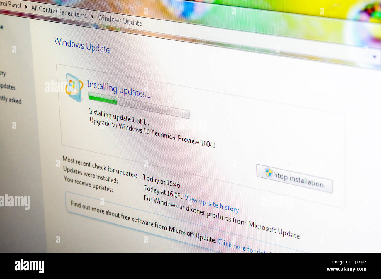 L'installation de Windows 10 version Aperçu technique 10041, une version bêta publique. Banque D'Images