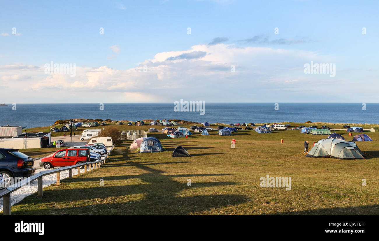 Reighton Sands camping sur la côte du Yorkshire, UK. Des tentes dans un champ avec vue sur la mer. Banque D'Images