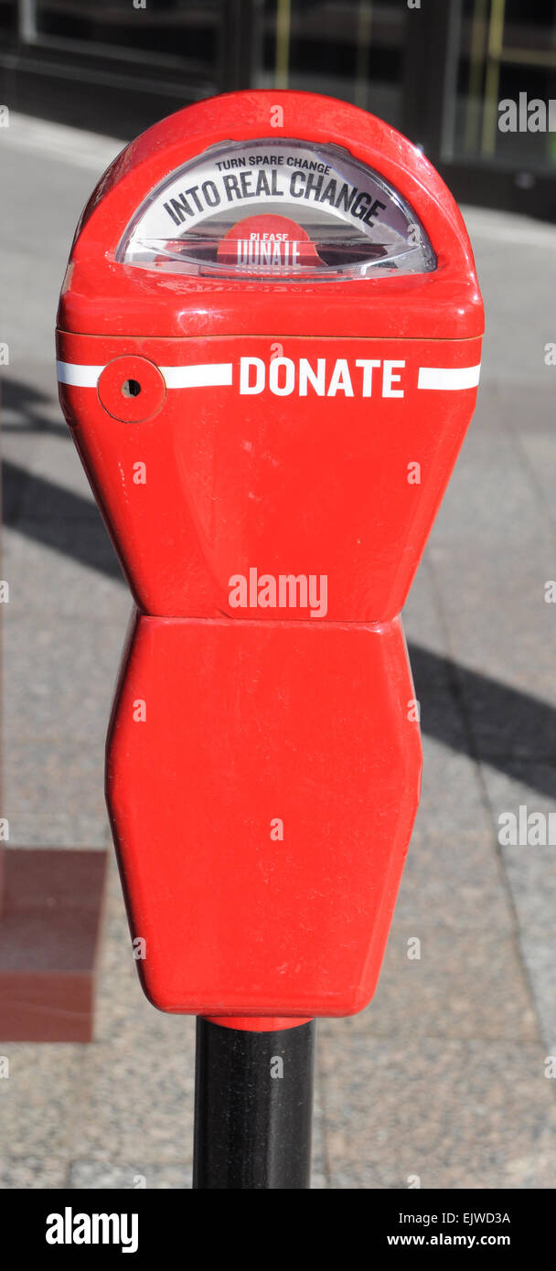 Un parcomètre est transformée en une méthode de don dans le cadre d'une campagne au centre-ville de Salt Lake City, pour aider les sans-abri Banque D'Images