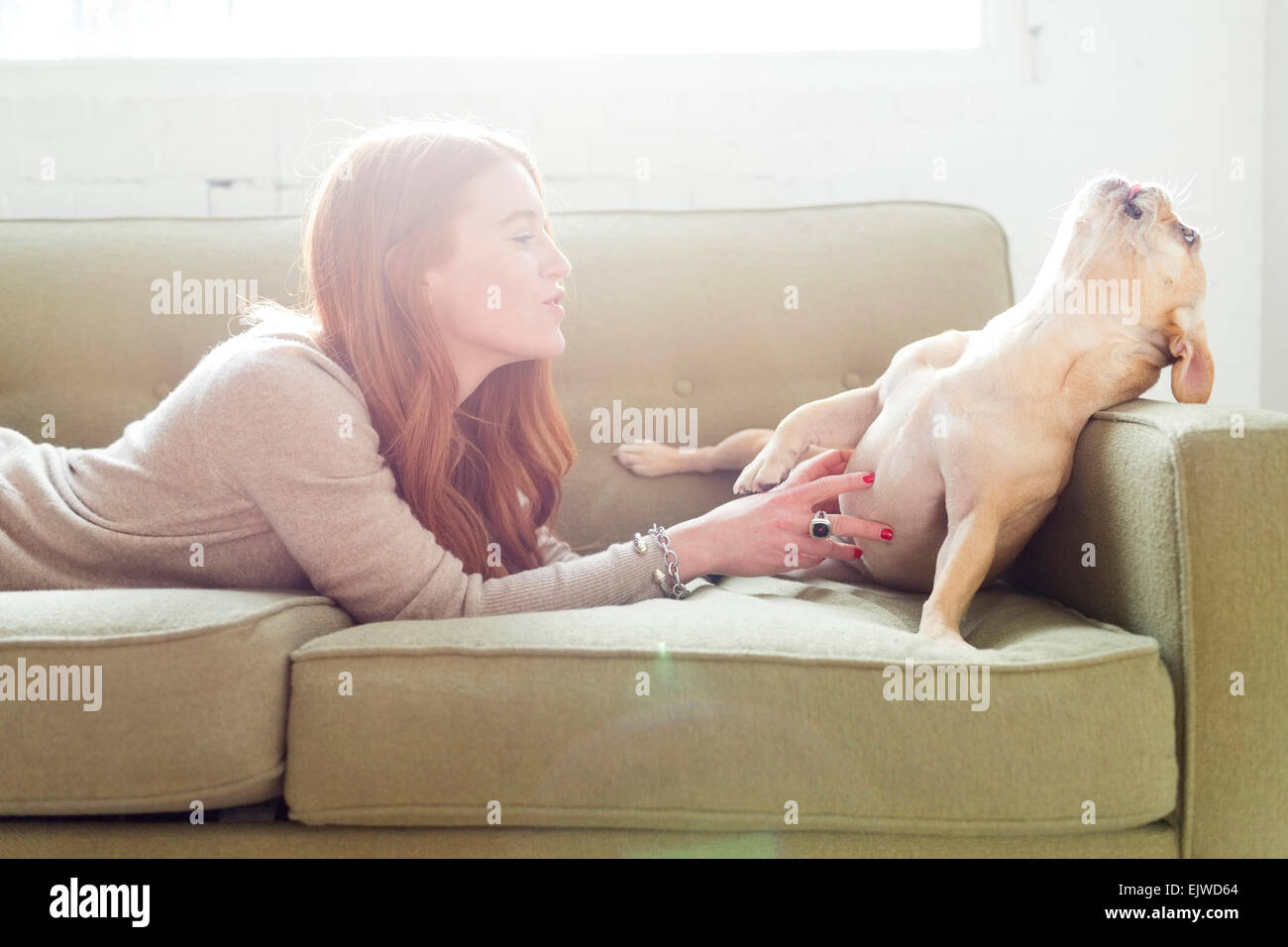 Woman lying on sofa de caresser le PUG Banque D'Images