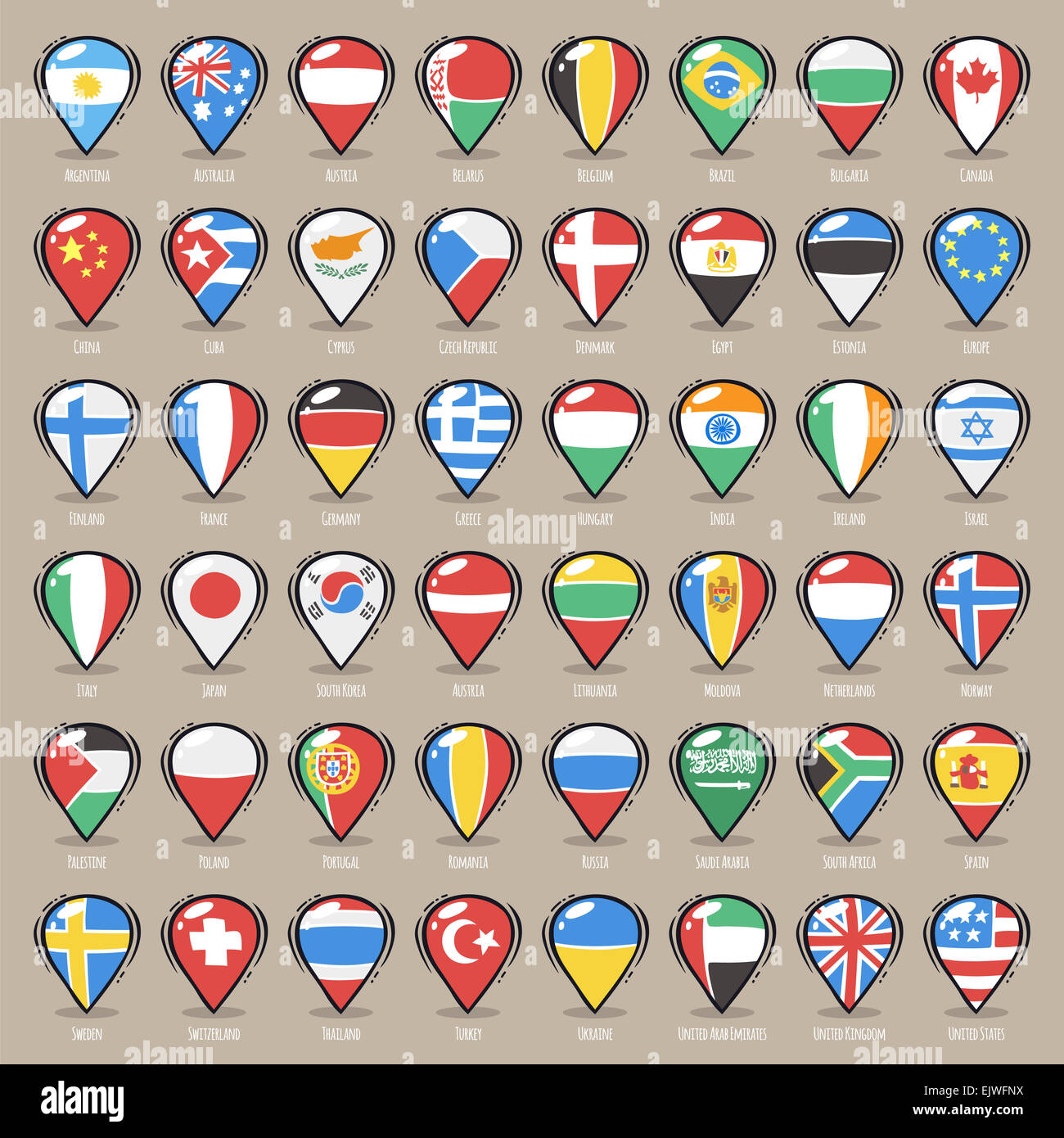 Jeu de Carte de dessin animé avec des pointeurs membres Monde Drapeaux Banque D'Images