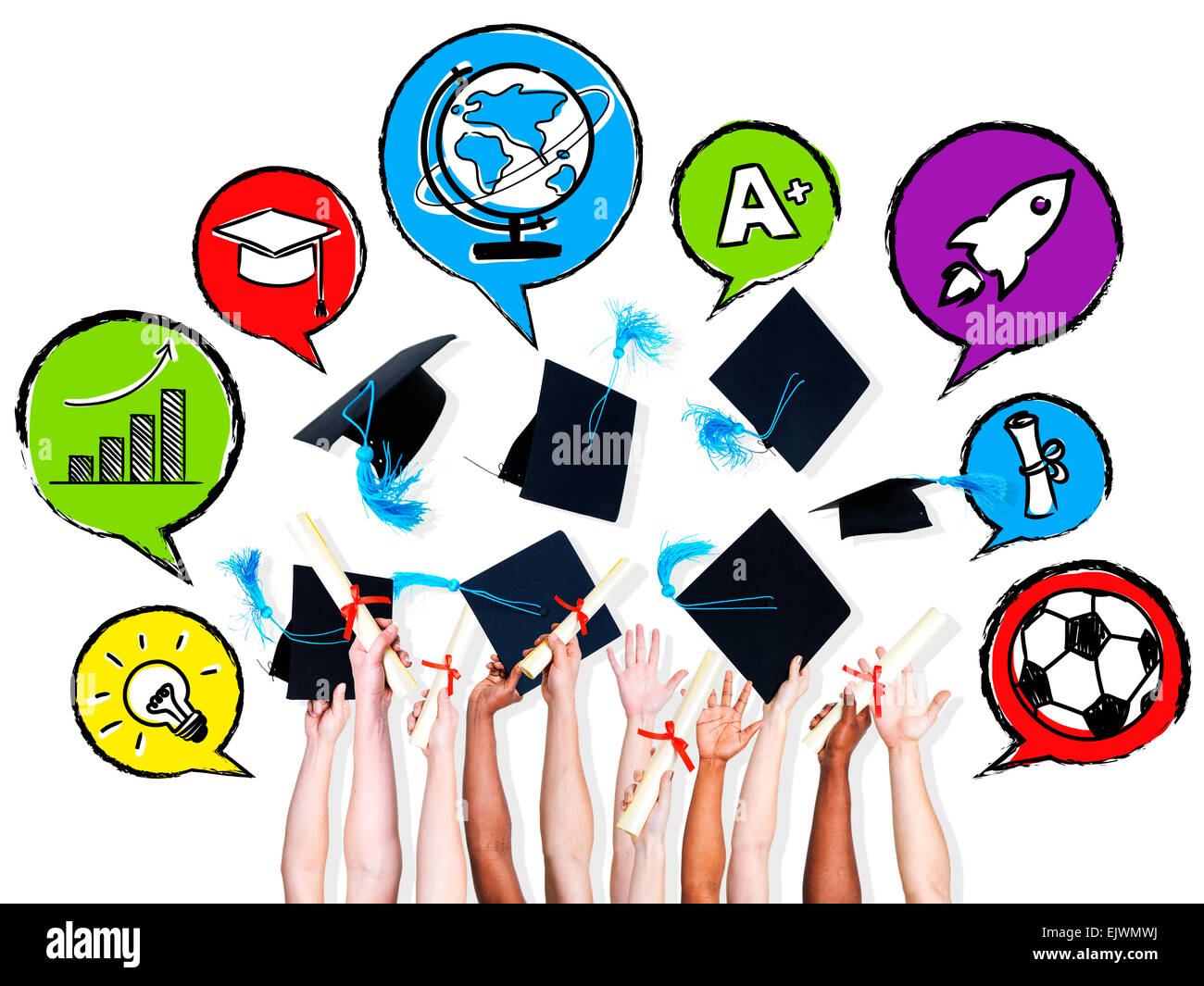 Ethinic multi-jets d'armes et chapeaux de diplôme de leurs aspirations dans les bulles. Banque D'Images