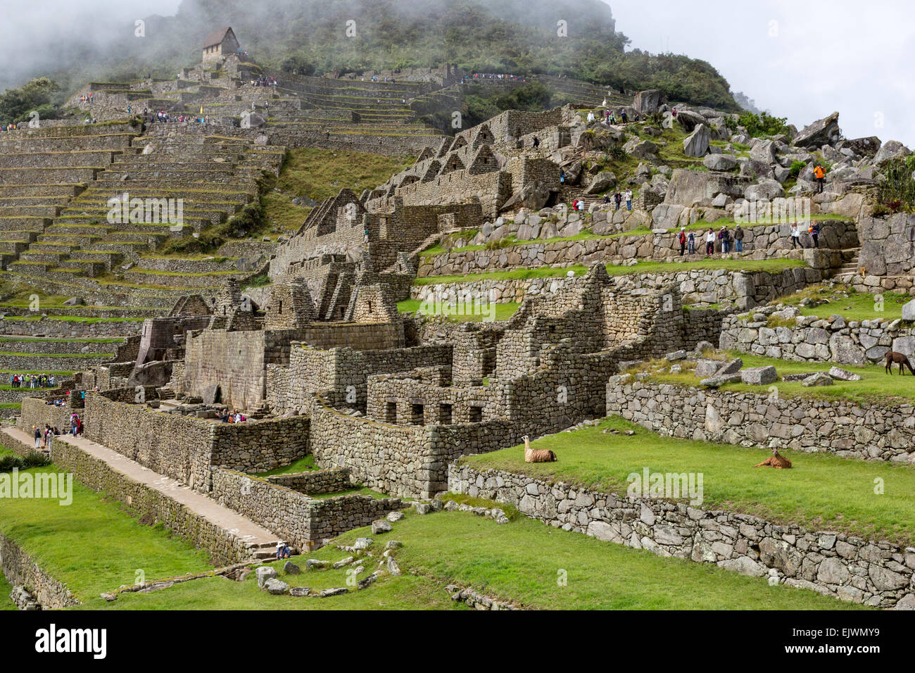 Au Pérou, le Machu Picchu. Jusqu'à la garde, à l'angle supérieur gauche. Maison du roi bas à gauche. Banque D'Images
