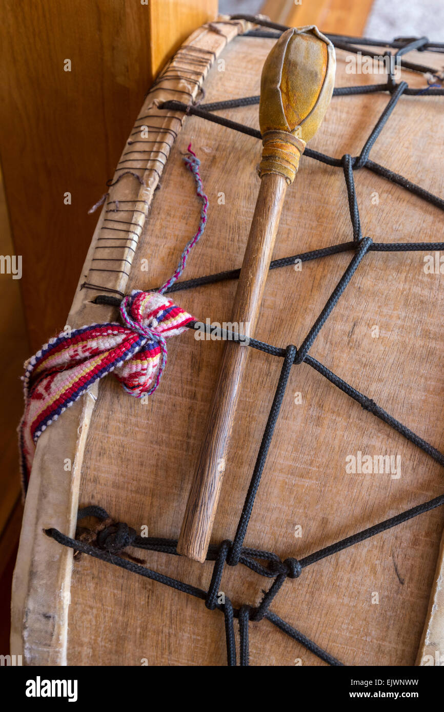 Pérou, Moray, vallée de l'Urubamba. Tambour et du pilon. Banque D'Images
