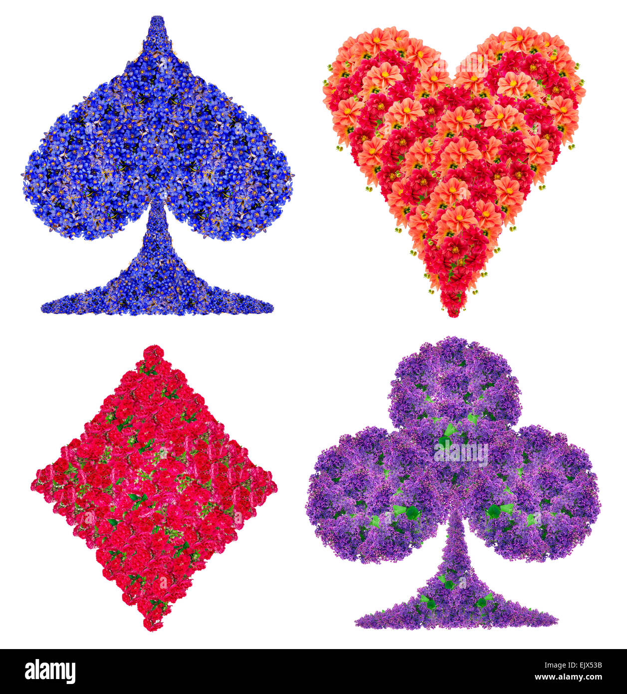 Carte à jouer à jeu de symboles abstraits faits à partir de fleurs rouge et bleu. Collage isolé fait main Banque D'Images