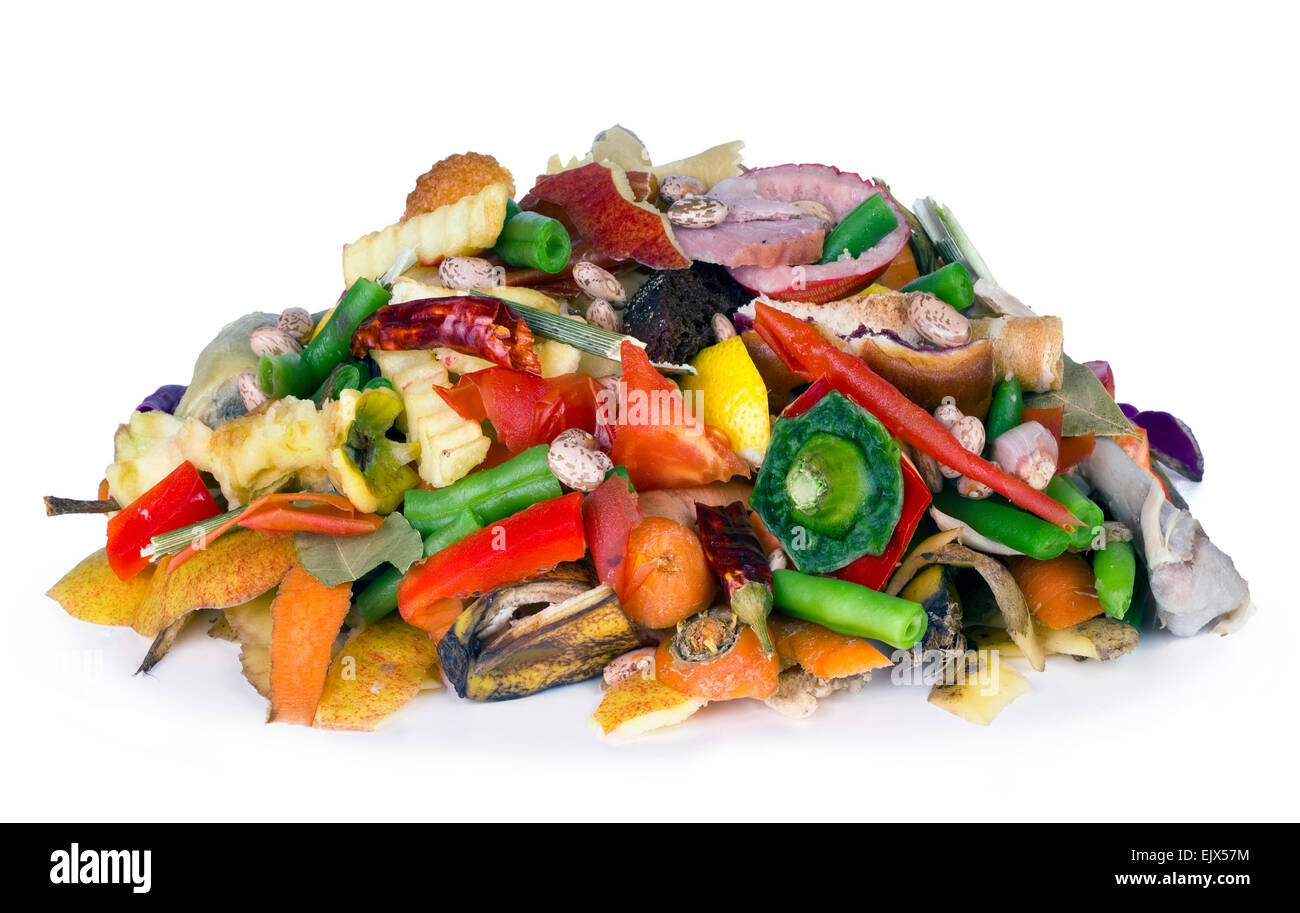 Le tas de matières organiques en décomposition de comestible une poubelle se trouve sur un tableau blanc Banque D'Images