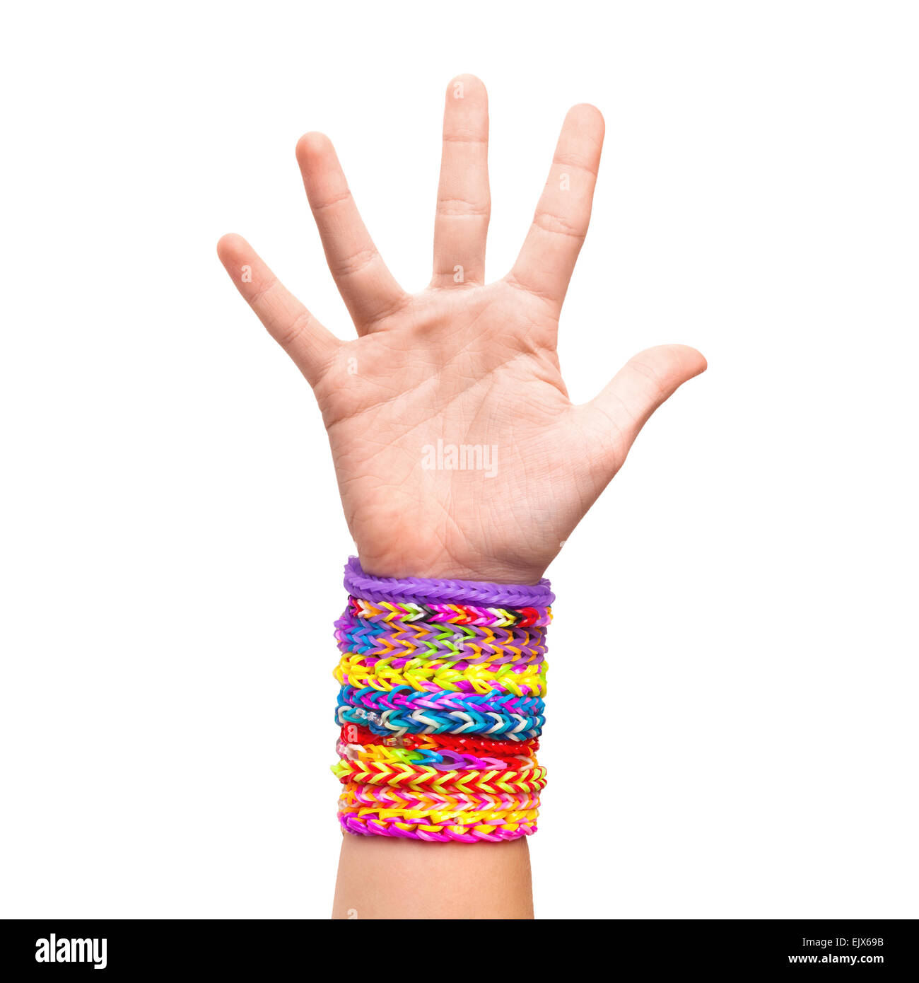 Avec la main en caoutchouc coloré bracelets rainbow loom isolé sur blanc,  des accessoires de mode tendance Photo Stock - Alamy