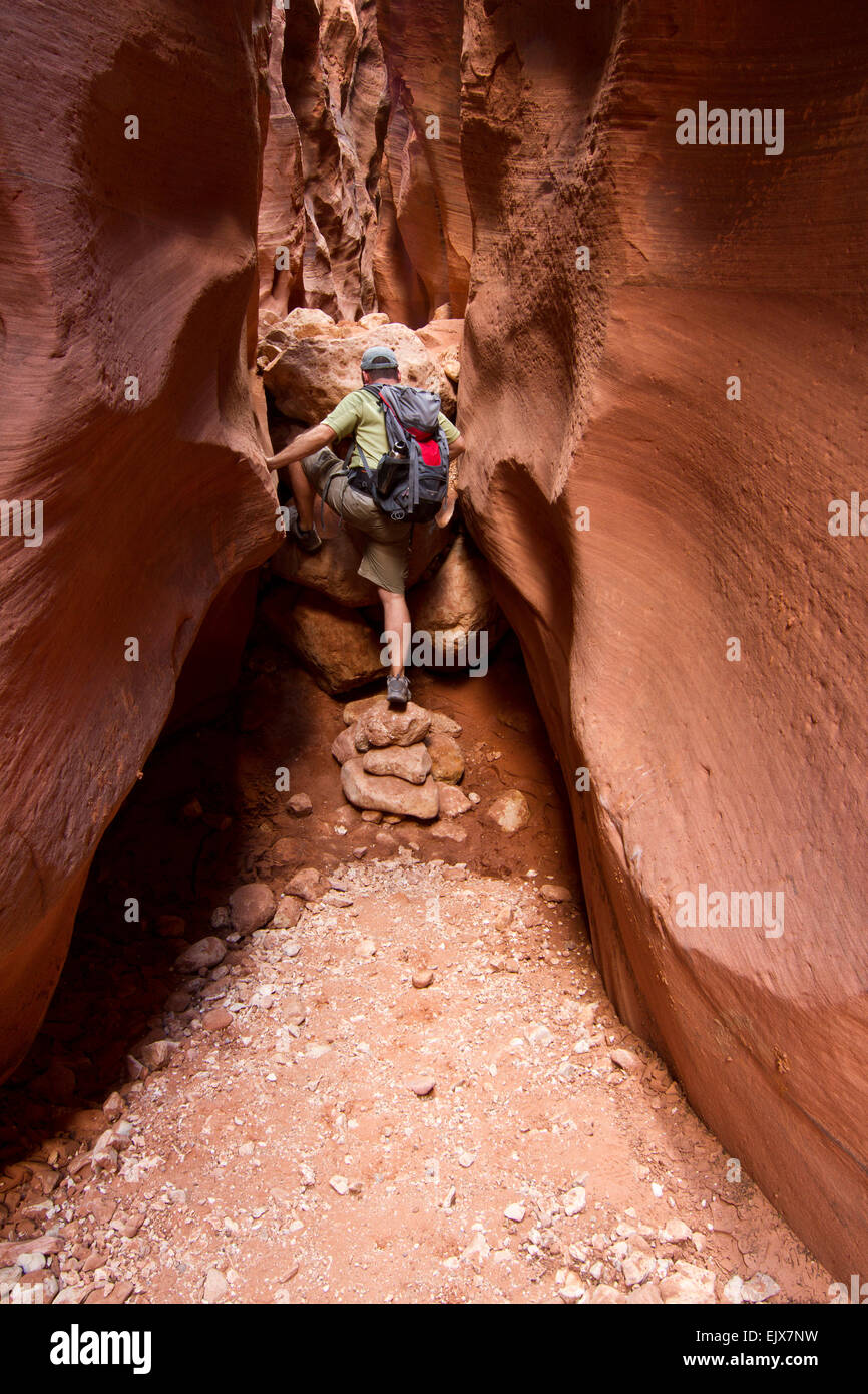 Randonneur dans un slot canyon dans l'Utah, USA Banque D'Images