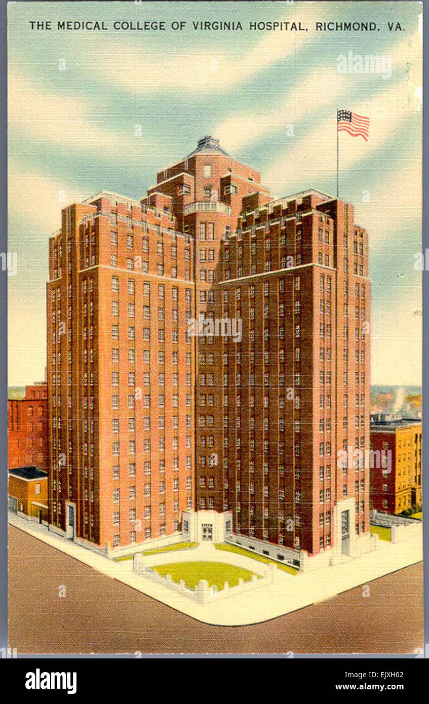 Cette collection de cartes postales vintage représente Richmond, en Virginie, au début du XXe siècle, mettant en valeur le Medical College of Virginia Hospital et d'autres structures qui ont depuis été modifiées ou démolies. Ces cartes postales offrent un aperçu précieux de l'histoire architecturale et sociale de la région. Banque D'Images