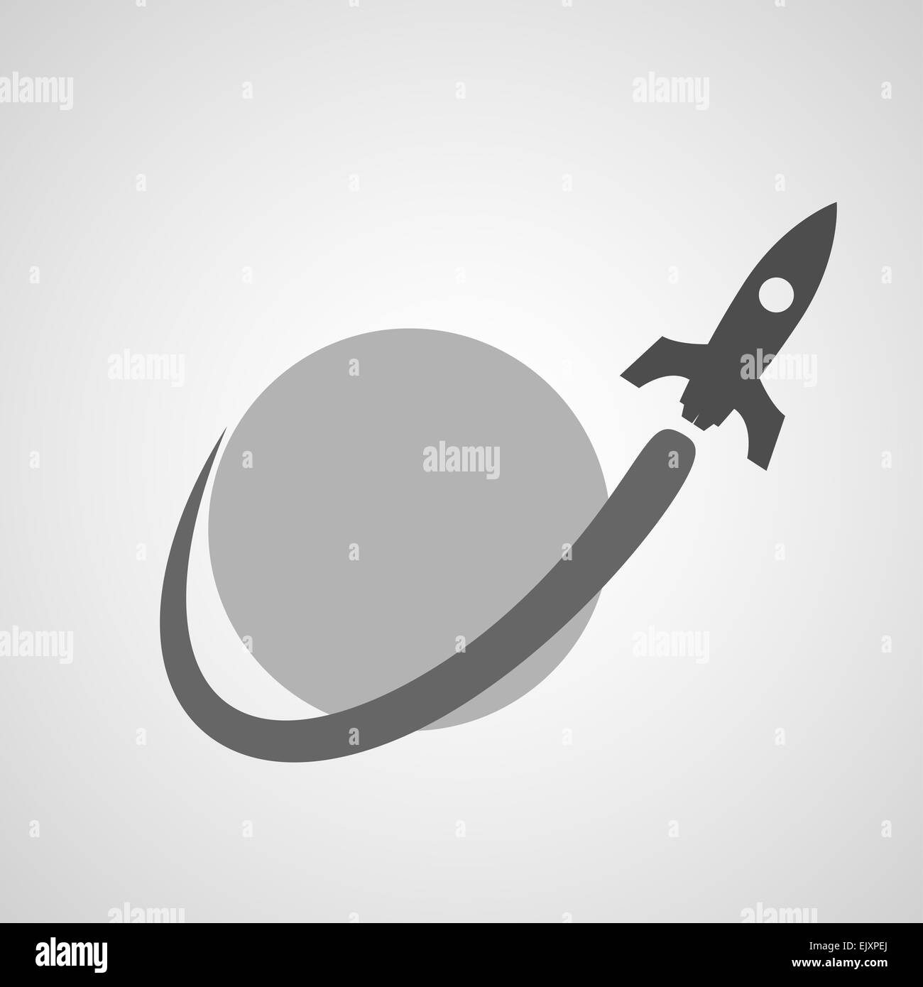 Icône simple en couleur noir de fusée spatiale volant près de planète. Banque D'Images