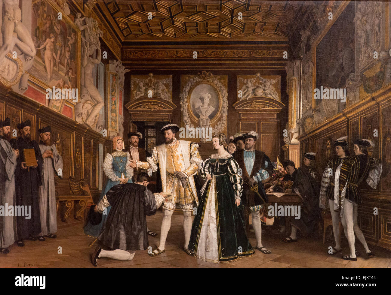 ActiveMuseum 0005749.jpg / Francois 1er à Rosso, donne les titres et les revenus de l'abbaye de St Martin ( François 1er, roi commanditaire), ici, qu'il récompense le peintre Rosso dans la galerie du château de Fontainebleau. C'est une toile de style troubadour ' ' en vogue au xixe siècle. François 1er rassemble de nombreuses peintures de maîtres italiens comme le Titien, Raphaël et Da Vinci et fait une grande collection, autour du 19e siècle 05/12/2013 - Collection / 19e siècle / Active Museum Banque D'Images