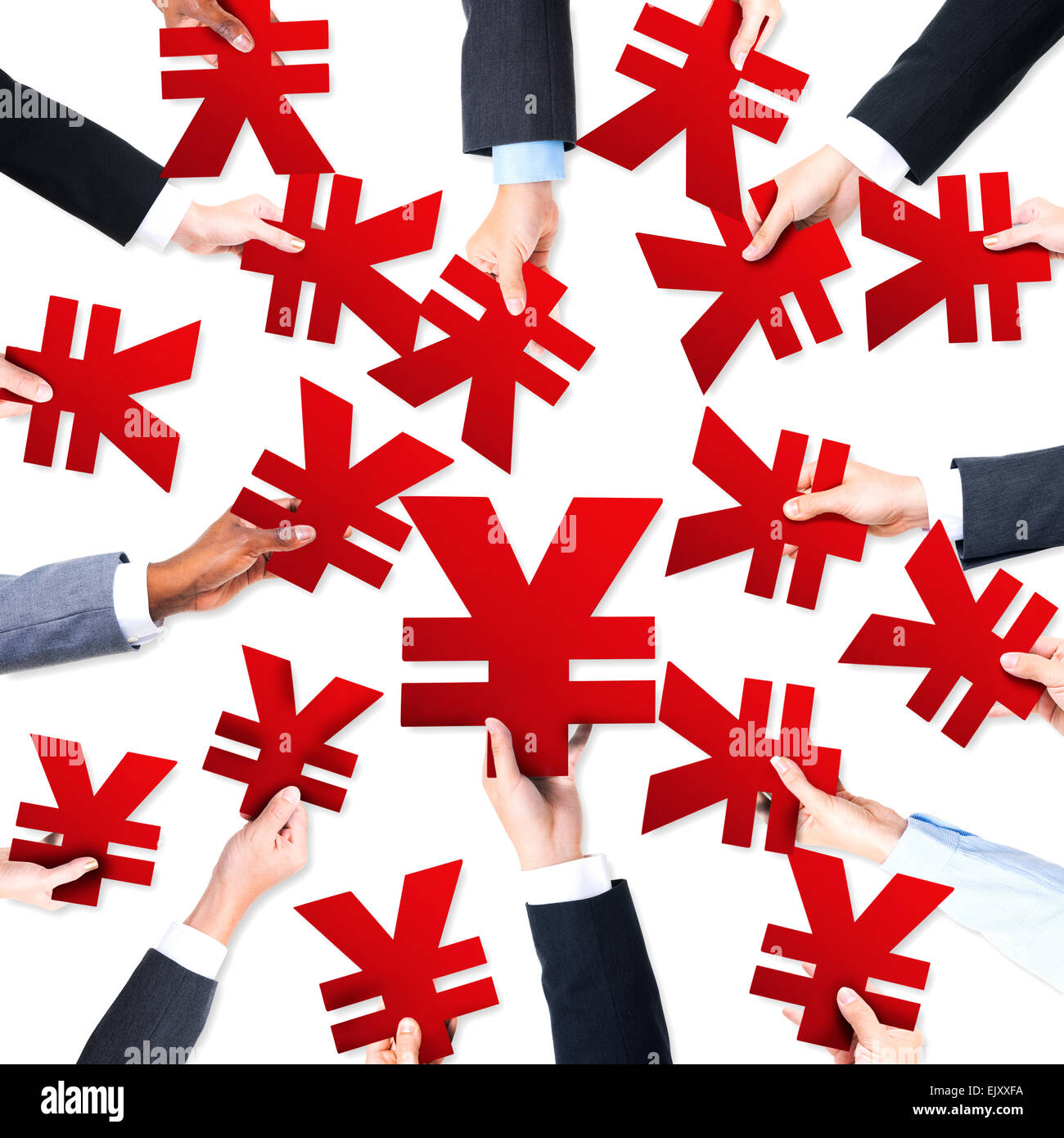 Groupe de gens d'affaires's Hands Holding Symboles Yen Banque D'Images