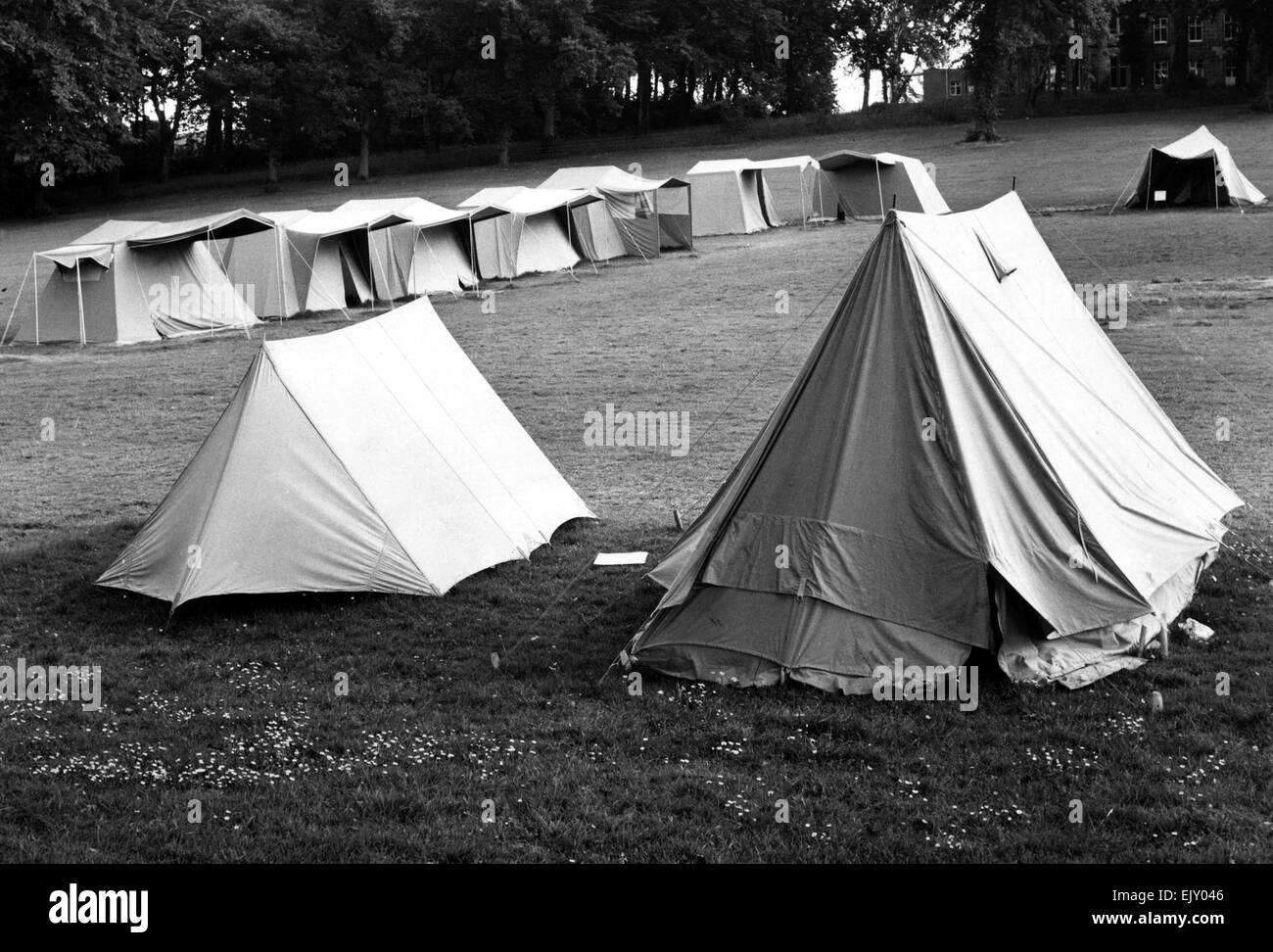 Camping avec plusieurs tailles de tentes. Le 31 juillet 1966. Banque D'Images