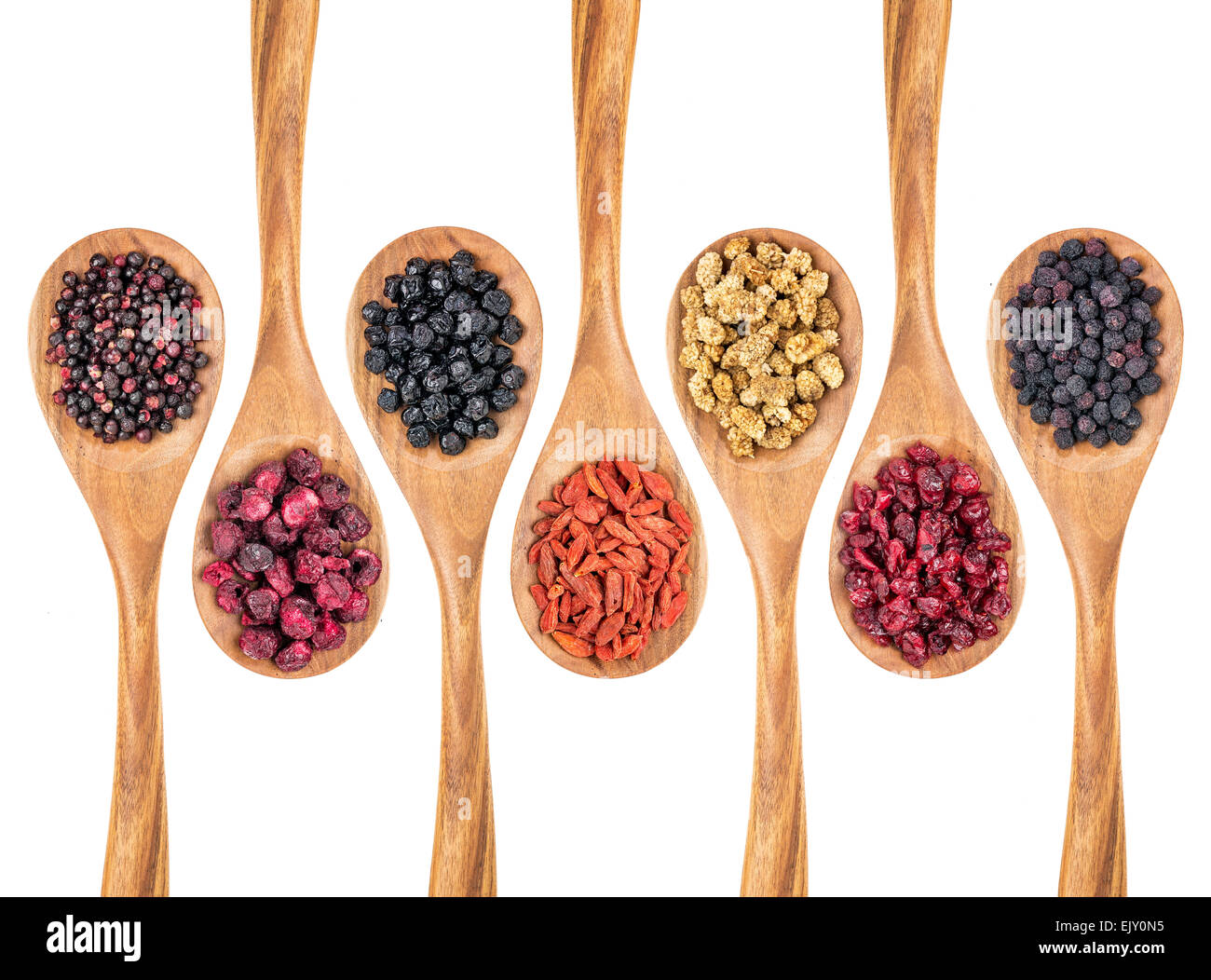 Collection de fruits séchés en bonne santé (myrtille, mûre, cerise, le goji, le sureau, aronie, canneberge) isolées sur des cuillères en bois, Banque D'Images