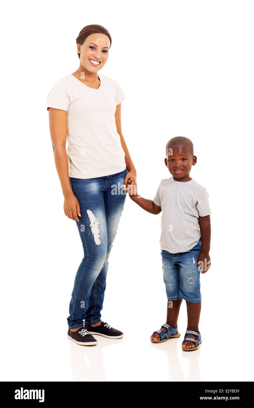 Belle African American mother and son on white background Banque D'Images
