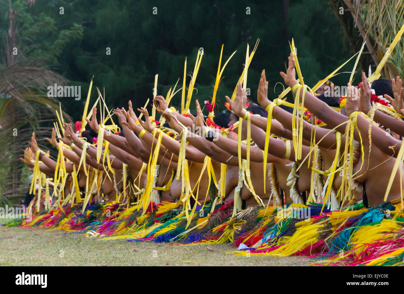 Les femmes en costume traditionnel de Yap chantant et dansant à Yap Day Festival, l'île de Yap (États fédérés de Micronésie Banque D'Images