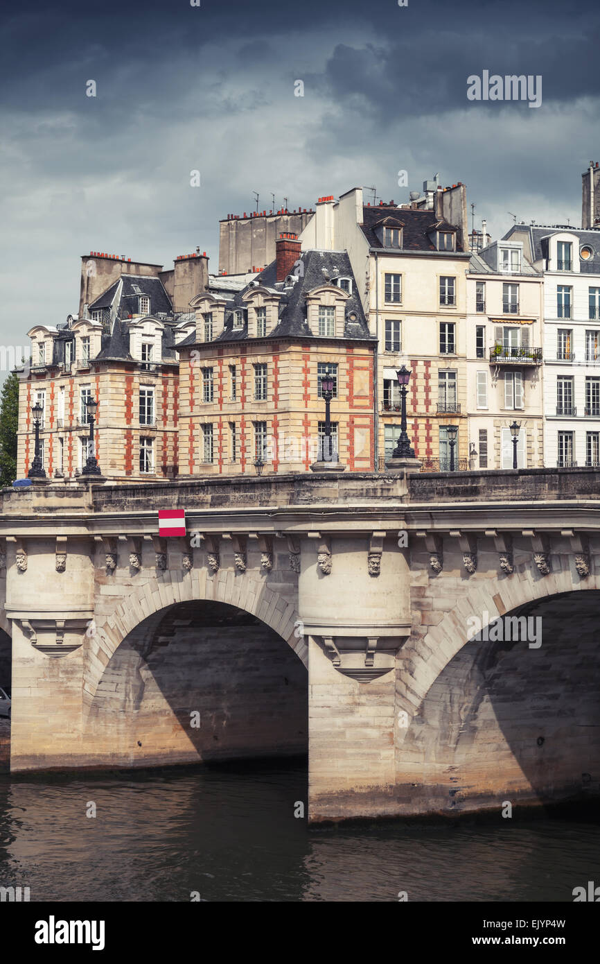 Pont Neuf. Le plus vieux pont sur la Seine à Paris, France. Filtre photo aux tons vintage vertical Banque D'Images