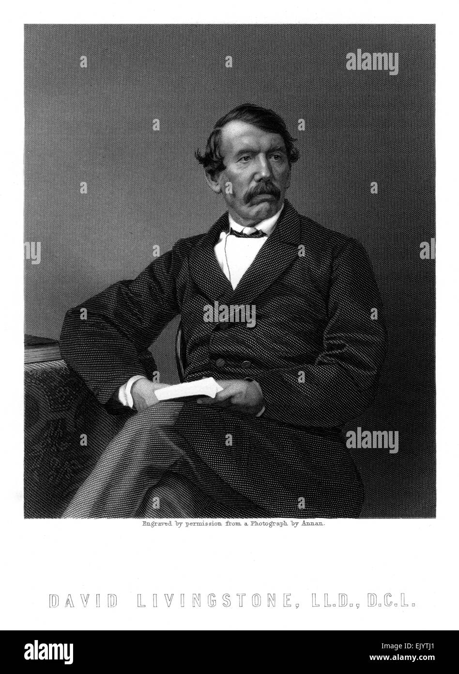 Portrait gravé illustration de David Livingstone (1813-1873) vers 1865. Il était un médecin missionnaire pionnier congrégationalistes écossais avec la Société Missionnaire de Londres et un explorateur en Afrique. Banque D'Images