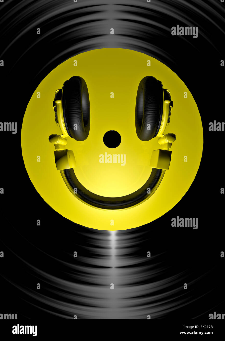 3D render of vinyl record et écouteurs formant smiley face Banque D'Images