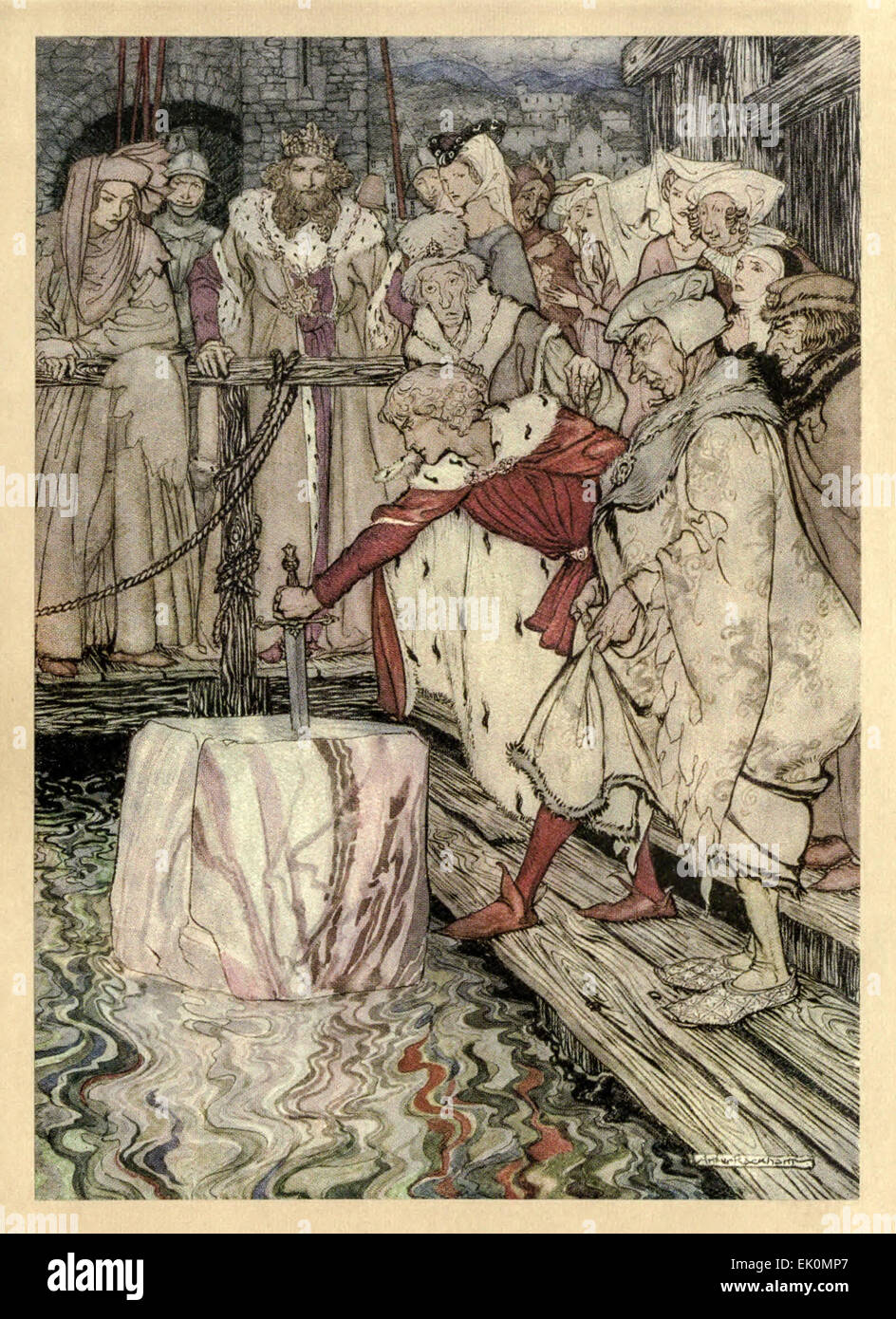 'Comment Galahad a appelé l'épée de la pierre flottante à Camelot.' de 'La Romance du Roi Arthur et ses Chevaliers de la Table ronde', illustration par Arthur Rackham (1867-1939). Voir la description pour plus d'informations. Banque D'Images
