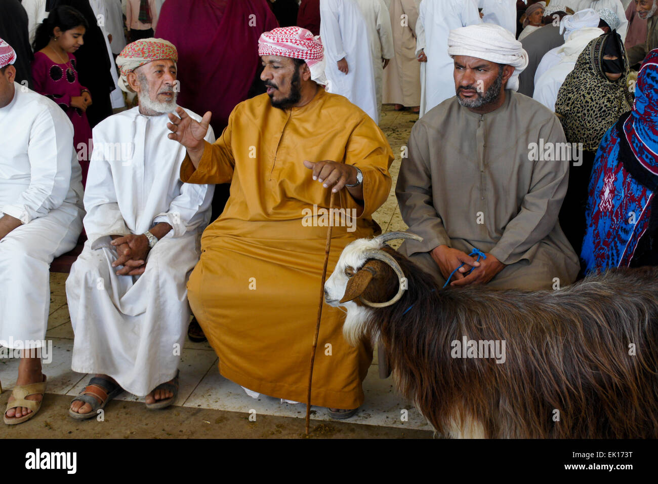 Bedu (bédouins) personnes l'achat et la vente de chèvres à Sinaw en marché des animaux, de l'Oman Banque D'Images