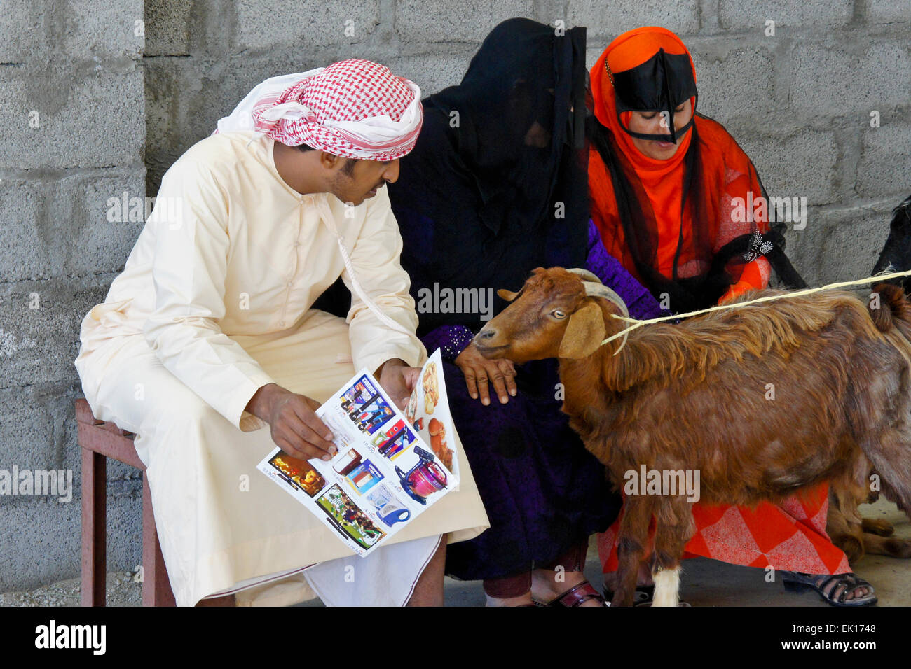 Les femmes bédouines (Bedu) chèvres au marché des animaux à vendre à Sinaw, Oman Banque D'Images