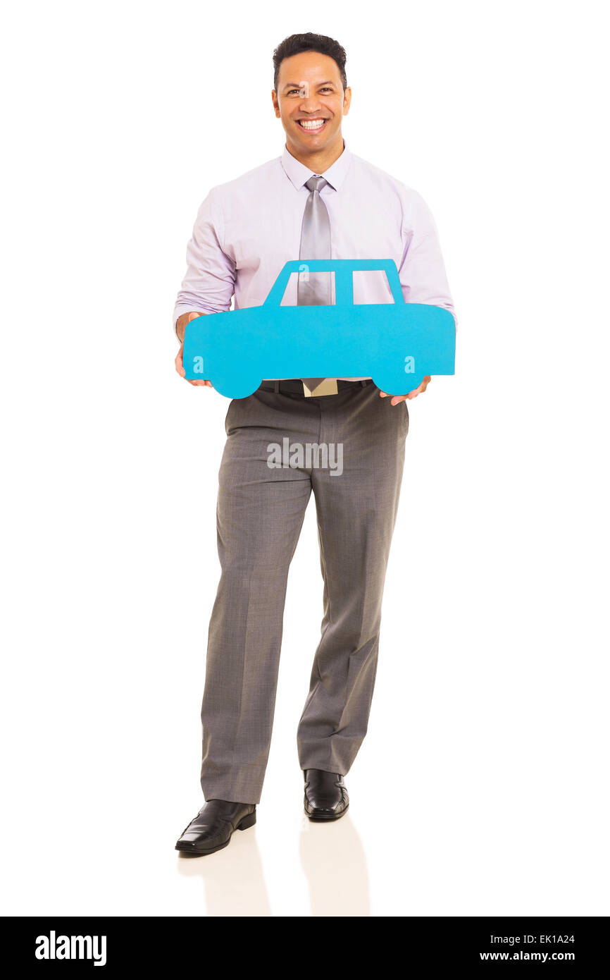 Full Length portrait of middle aged man holding papier bleu voiture Banque D'Images