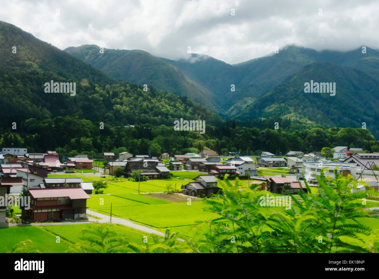 Maisons de village et des terres agricoles dans la montagne, Shirakawa-go, préfecture de Gifu, Japon Banque D'Images