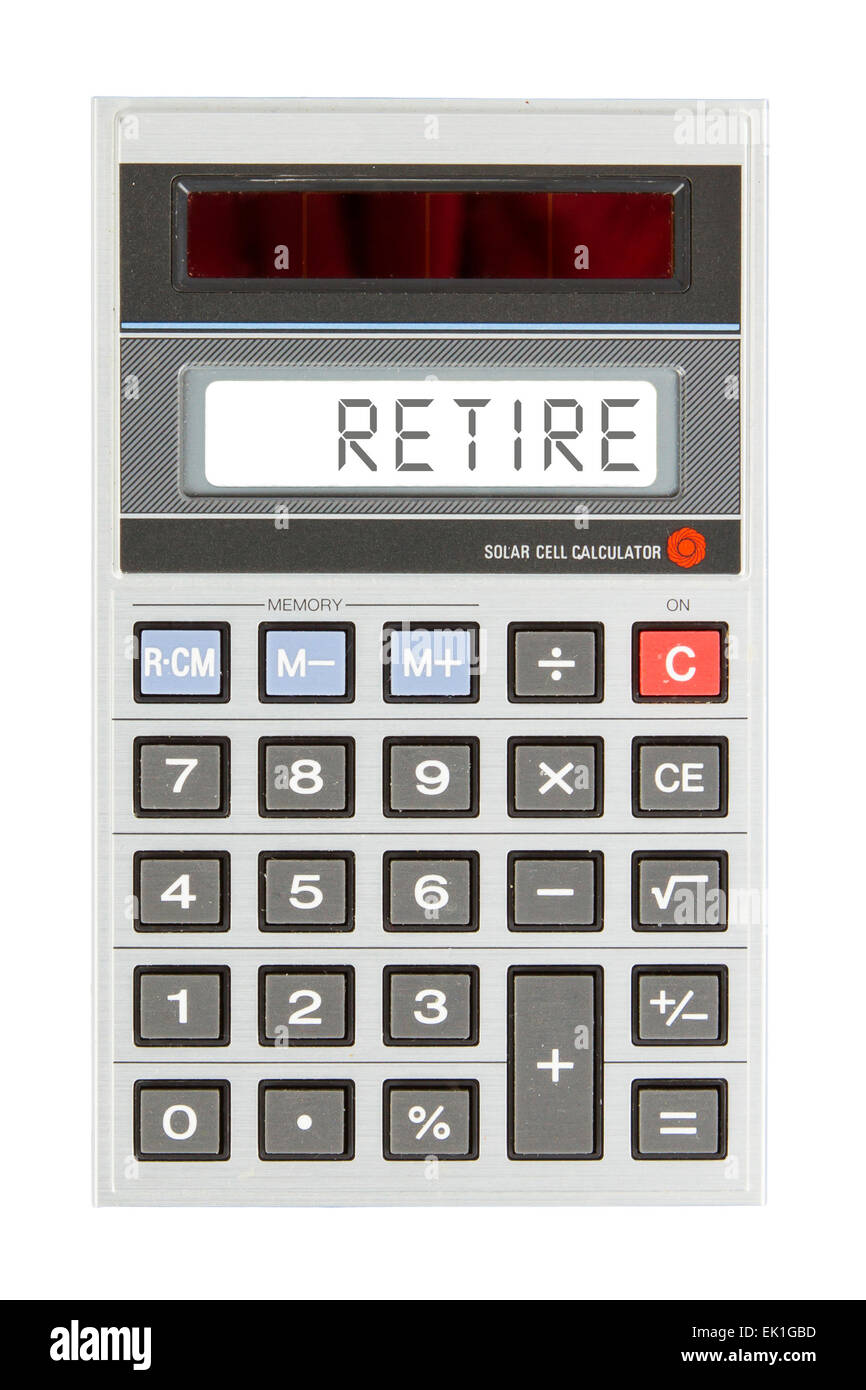 Vieille calculatrice montrant un texte sur écran - Retraite Banque D'Images