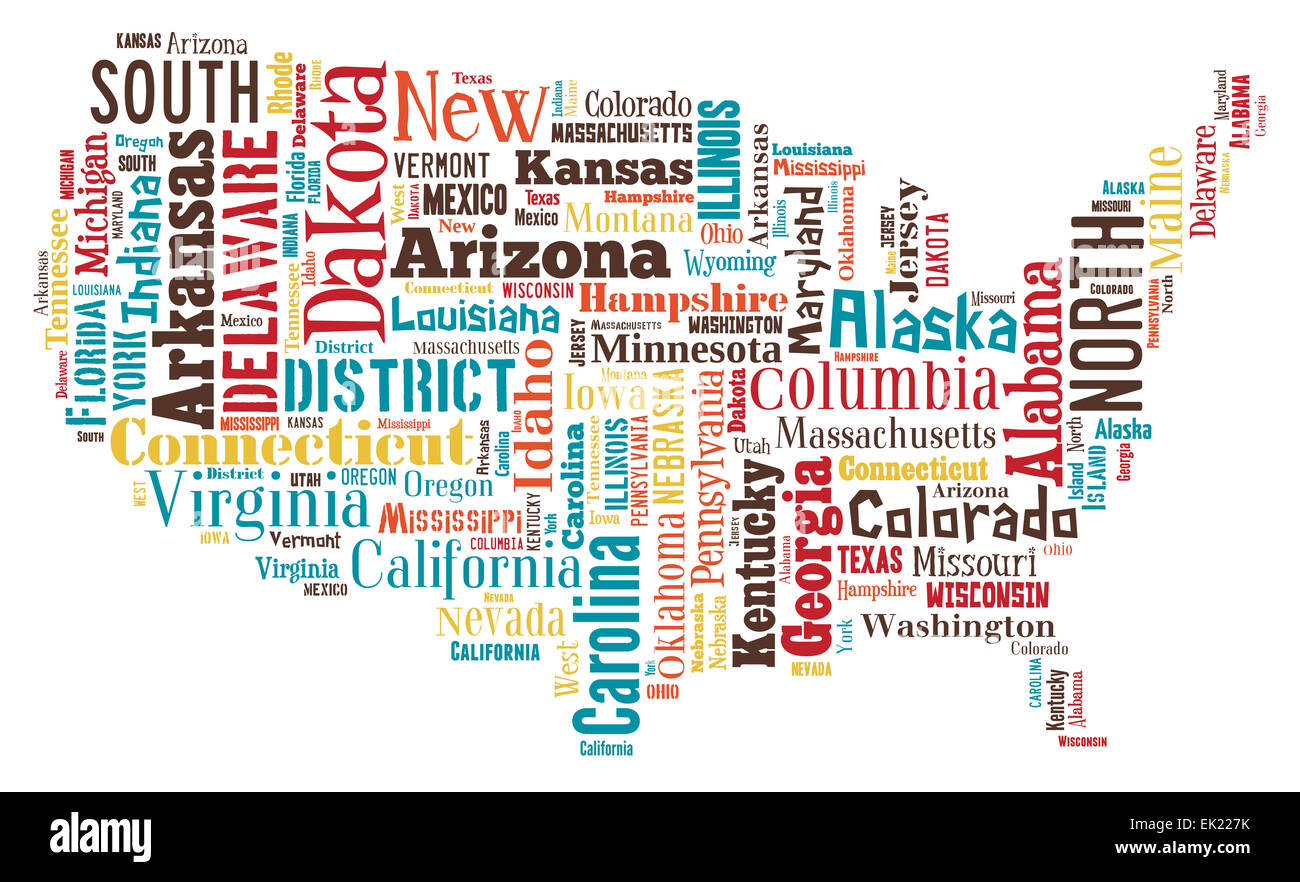 Wordcloud Un des États-Unis d'Amérique a fait à partir de la c'est les villes et communes. Banque D'Images