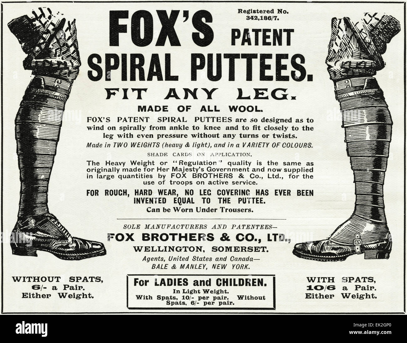 Années 1900 Victorian Publicité Publicité magazine Novembre 1900 Fox's Spiral Puttees faite à Wellington Somerset England UK Banque D'Images