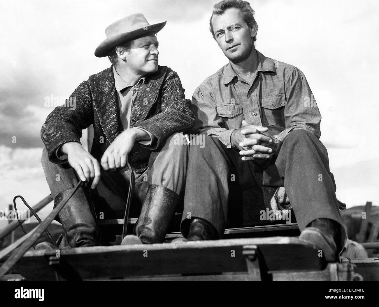 Van Heflin, Alan Ladd, sur-ensemble de la Film 'Shane', 1953 Banque D'Images