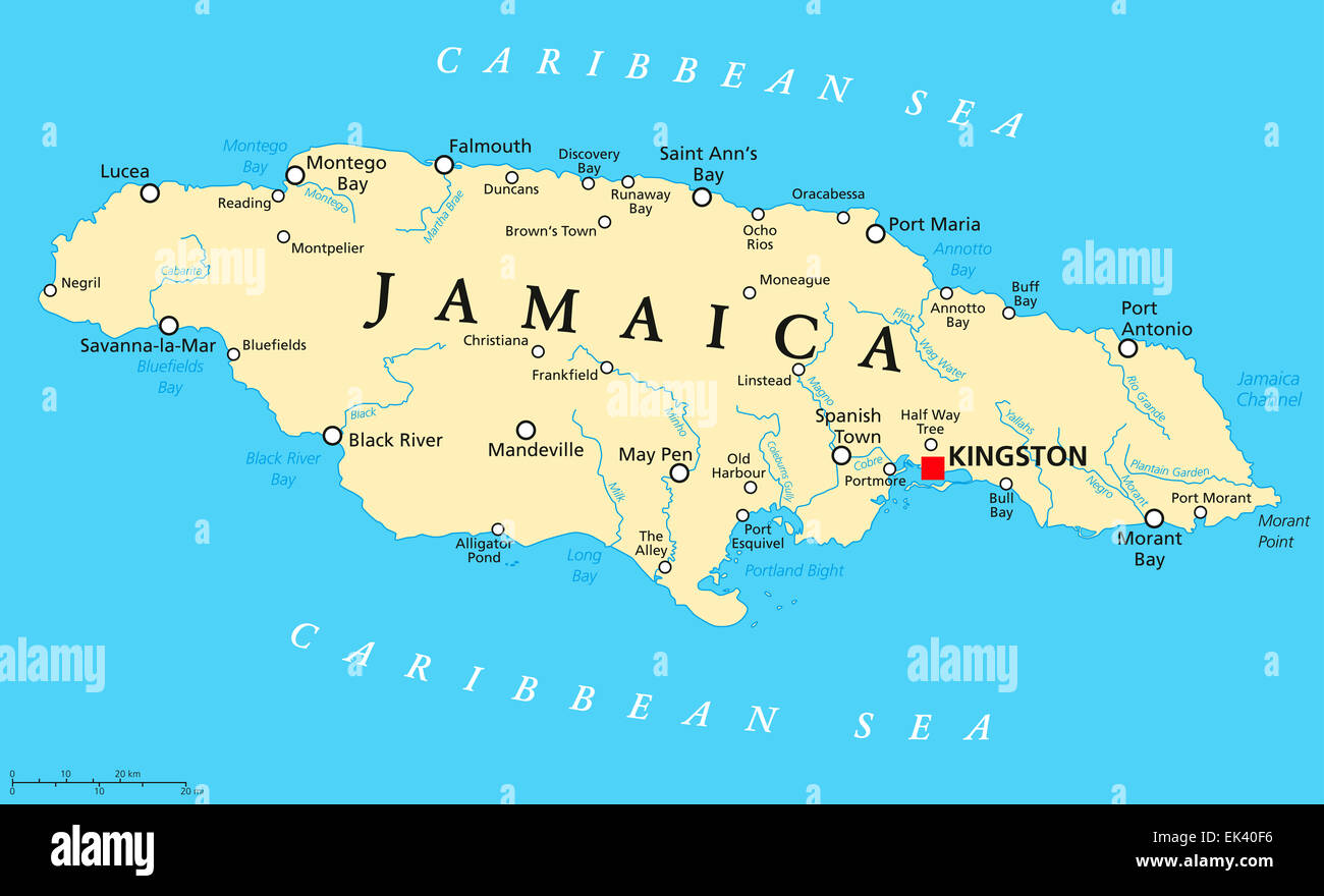 Carte Politique de la Jamaïque à Kingston, capitale des villes importantes et des rivières. English l'étiquetage et à l'échelle. L'illustration. Banque D'Images