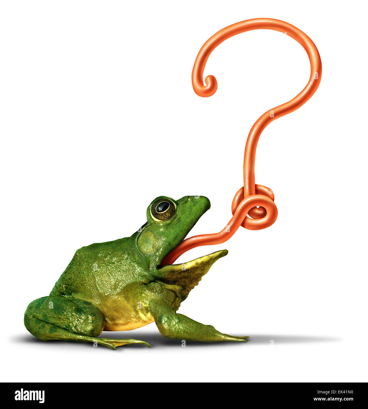 Questions de la nature comme une grenouille verte avec sa langue en forme de point d'interrogation comme un symbole de l'écologie et de l'environnement incertitude sur un fond blanc. Banque D'Images