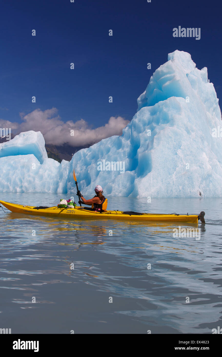 Kayak dans la lagune Bear Glacier, Kenai Fjords National Park, près de Seward, en Alaska. (Modèle 1992) Banque D'Images