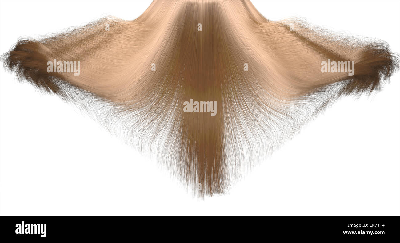 Un arrêt sur image gros plan d'une tête de cheveux blonds brillant tout droit en cascade sur un cas isolé sur fond blanc Banque D'Images