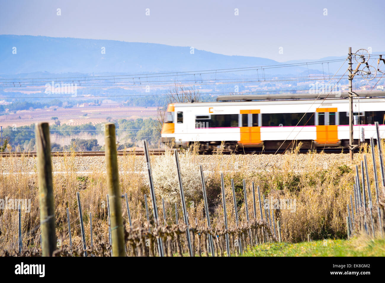 Train. La province de Barcelone, Catalogne, Espagne. Banque D'Images