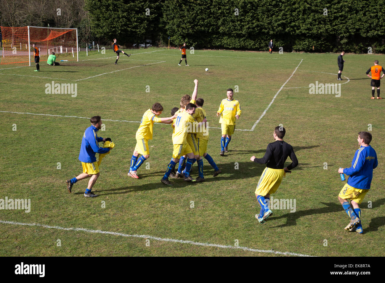 Les joueurs de football célébrer un but en un match local amateur,Suffolk Banque D'Images