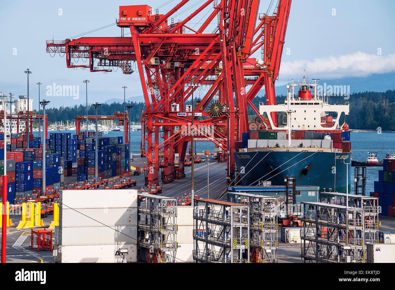 Cargo amarré en train d'être chargé de conteneurs pour l'exportation, Vancouver, British Columbia, Canada Banque D'Images