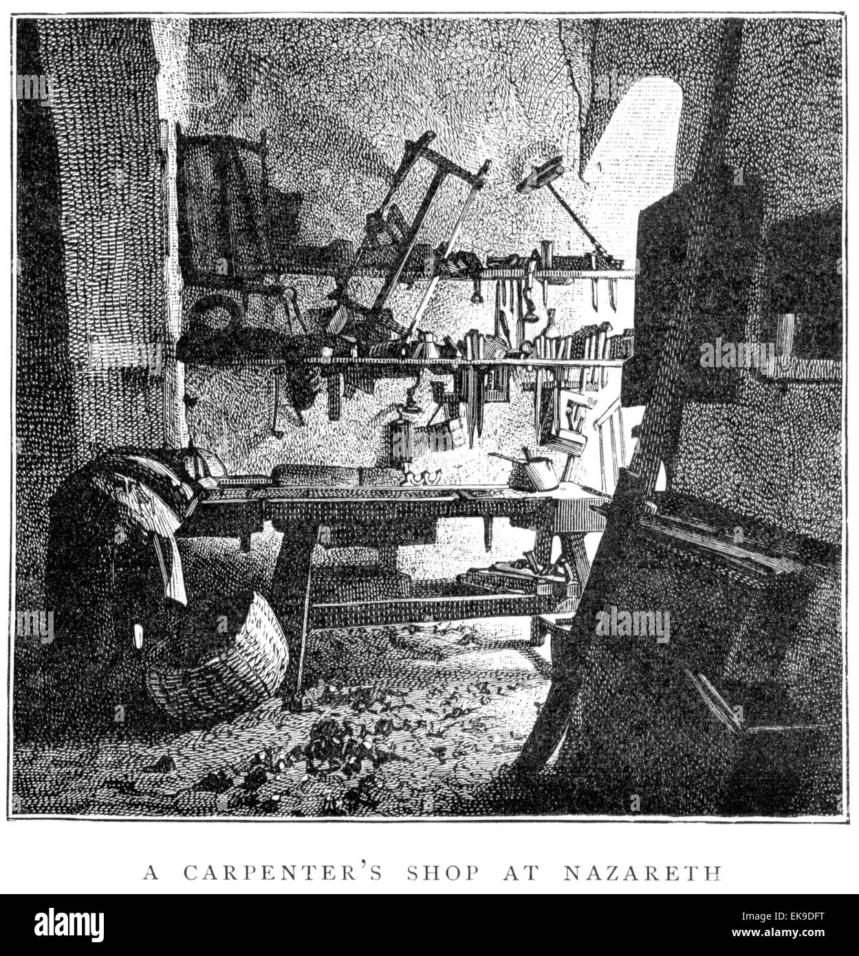 Une gravure d'un atelier de charpentier à Nazareth numérisées à haute résolution à partir d'un livre imprimé en 1889. Banque D'Images