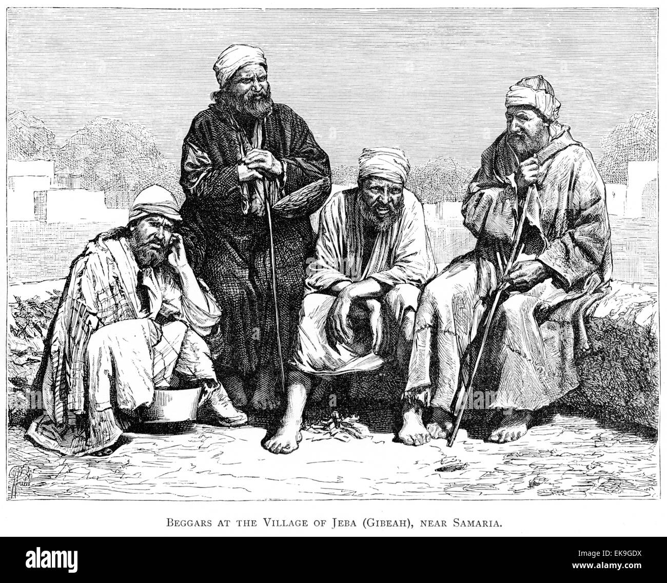Gravure de mendiants au village de Jeba (Gibeah), près de Samarie, numérisée à haute résolution à partir d'un livre imprimé en 1889. Cru libre de droit d'auteur. Banque D'Images