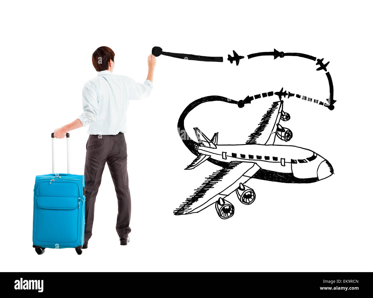 Jeune homme d'avion de transport aérien et de dessin sur le chemin blanc Banque D'Images