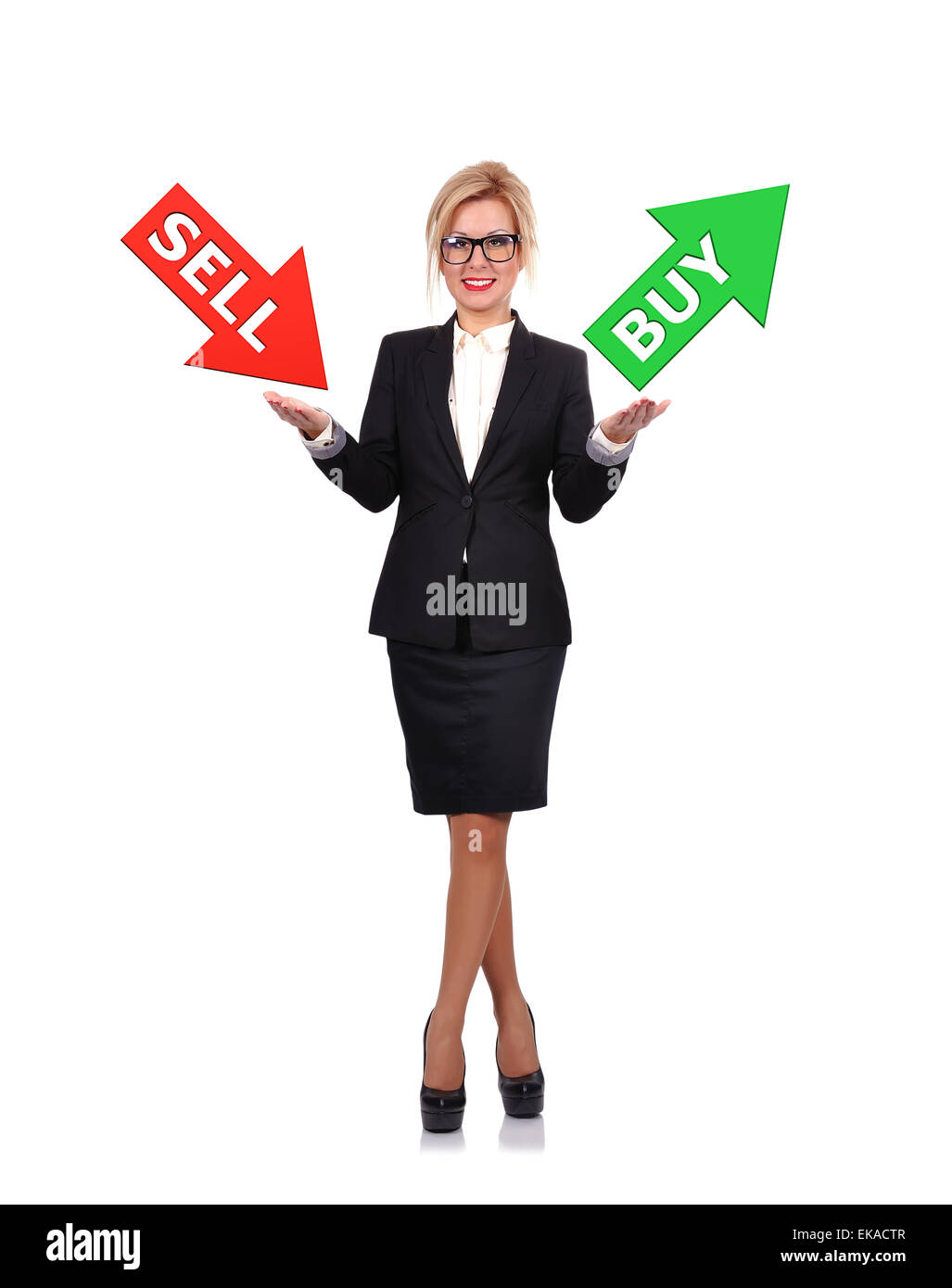 Businesswoman holding choix "vendre ou acheter' isolated on white Banque D'Images