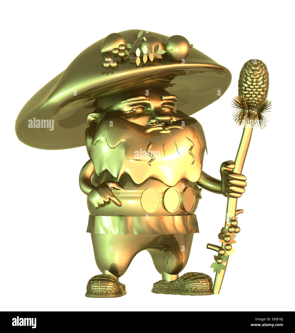 La fée d'or en forme de champignon gnome avec un bâton et le bouton. Isolated on white Banque D'Images