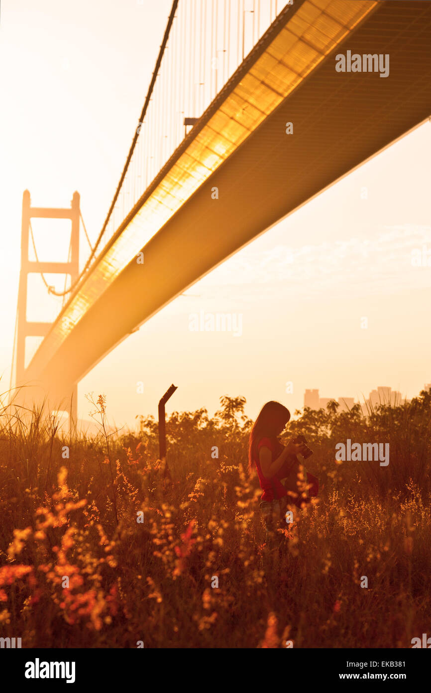 Femme photographe sous le soleil Banque D'Images