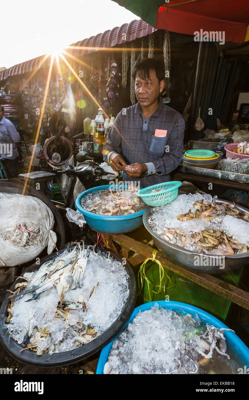 Vendeur de vendre des fruits de mer au marché dans la capitale de Phnom Penh, Cambodge, Indochine, Asie du Sud, Asie Banque D'Images Vendeur de vendre des fruits de mer au marché dans la capitale de Phnom Penh, Cambodge, Indochine, Asie du Sud, Asie Banque D'Images