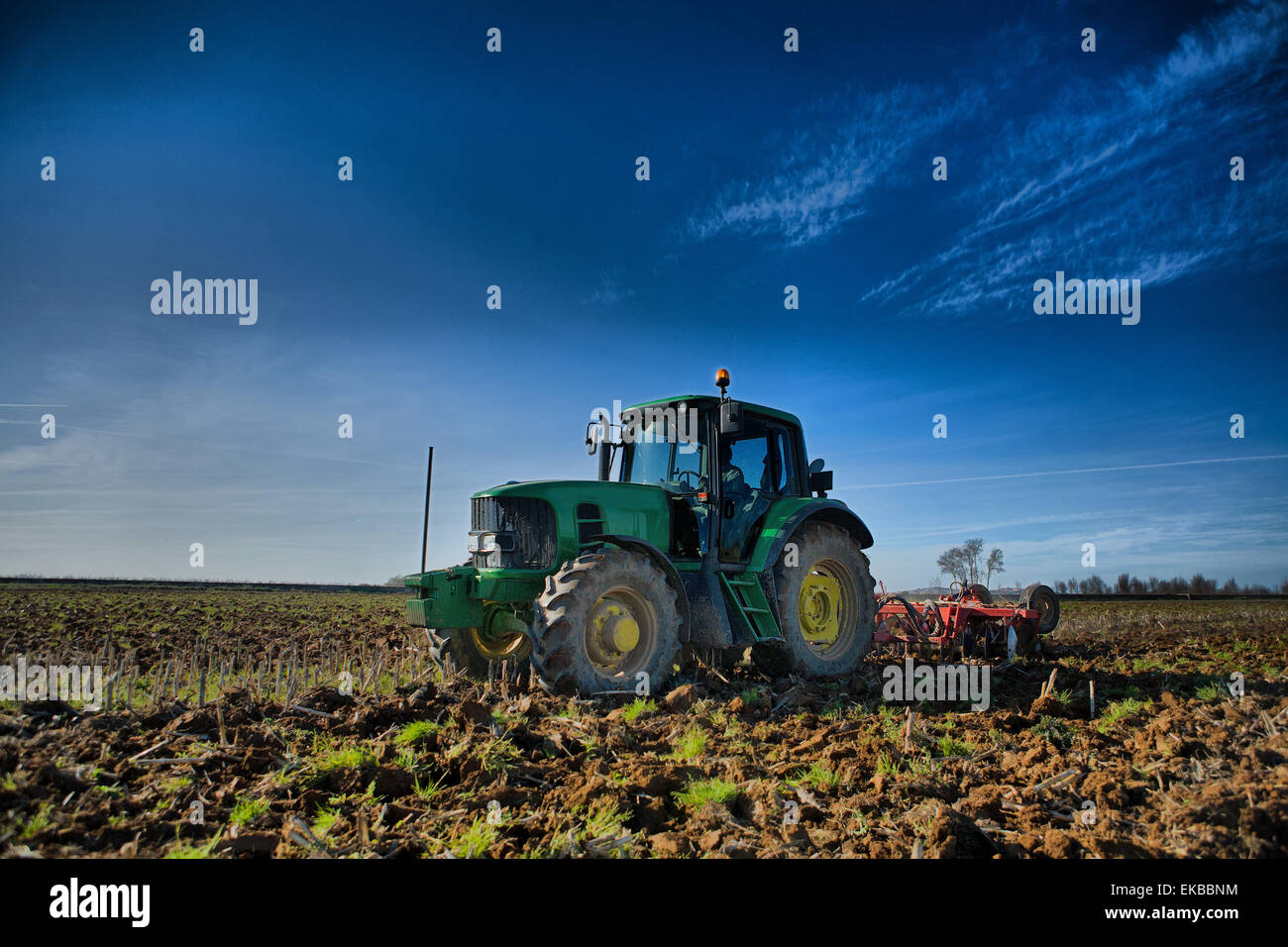 Tracteur agricole préparer le sol et de classement le domaine avant l'étalement, Montijo, Badajoz, Estrémadure, Espagne Banque D'Images